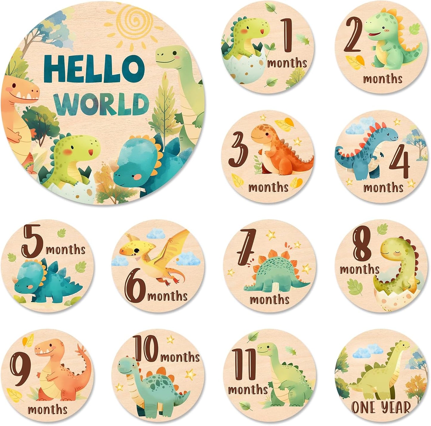 Letrero hitos bebe 13 pzas tarjetas dinosaurio madera
