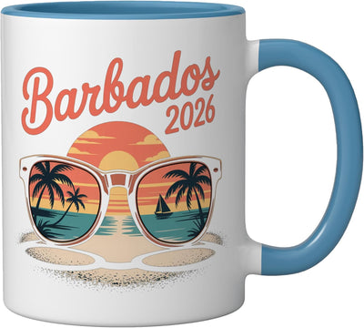 Taza de cerámica Barbados 2026 diseño vacaciones azul y blanco