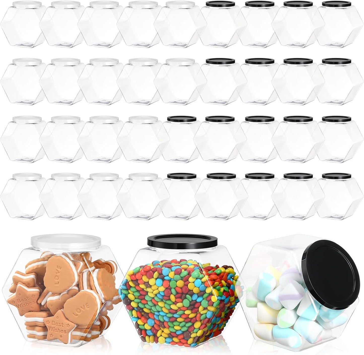36 Tarros Plástico Hexagonal 28oz Tapa Transparente Boca Ancha