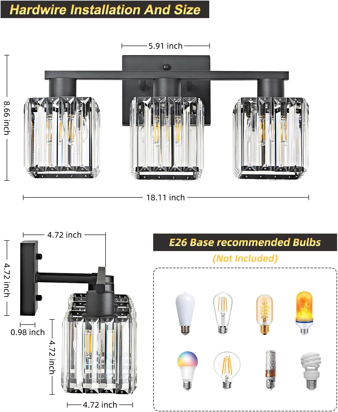 Lámpara baño 3 luces cristal negro pared