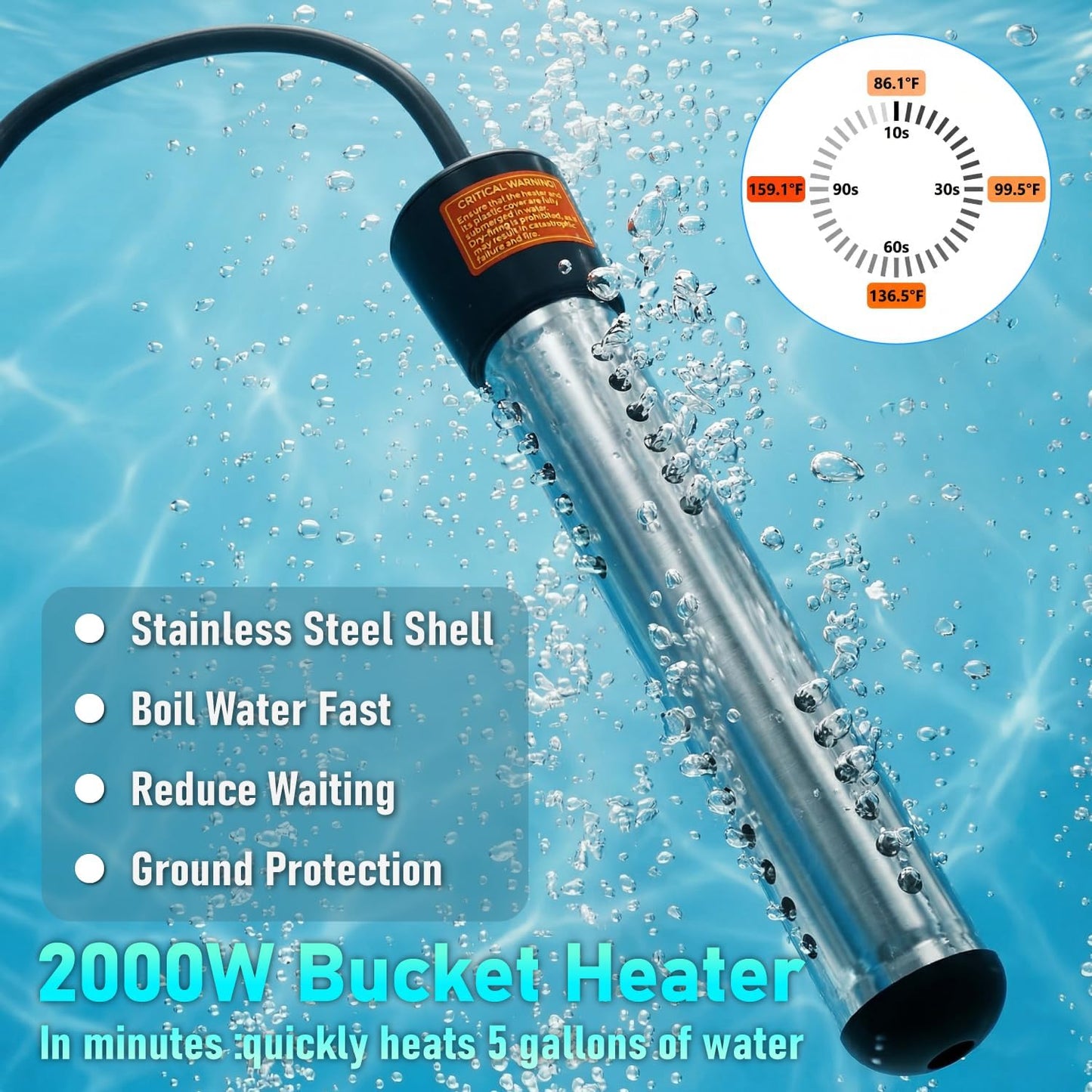 Calentador agua inmersión 2000W acero inox termómetro LCD