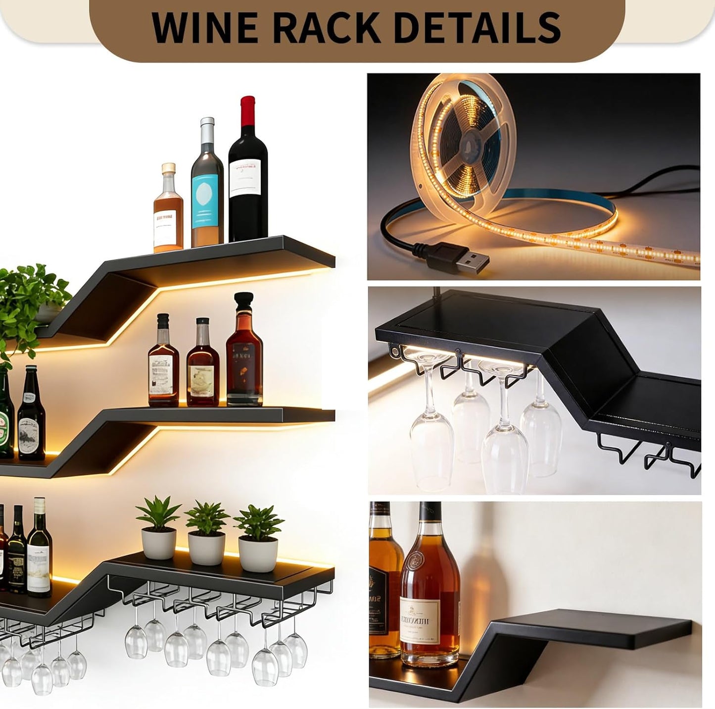 Estante metal para vino 59pulg 3 niveles con luces LED