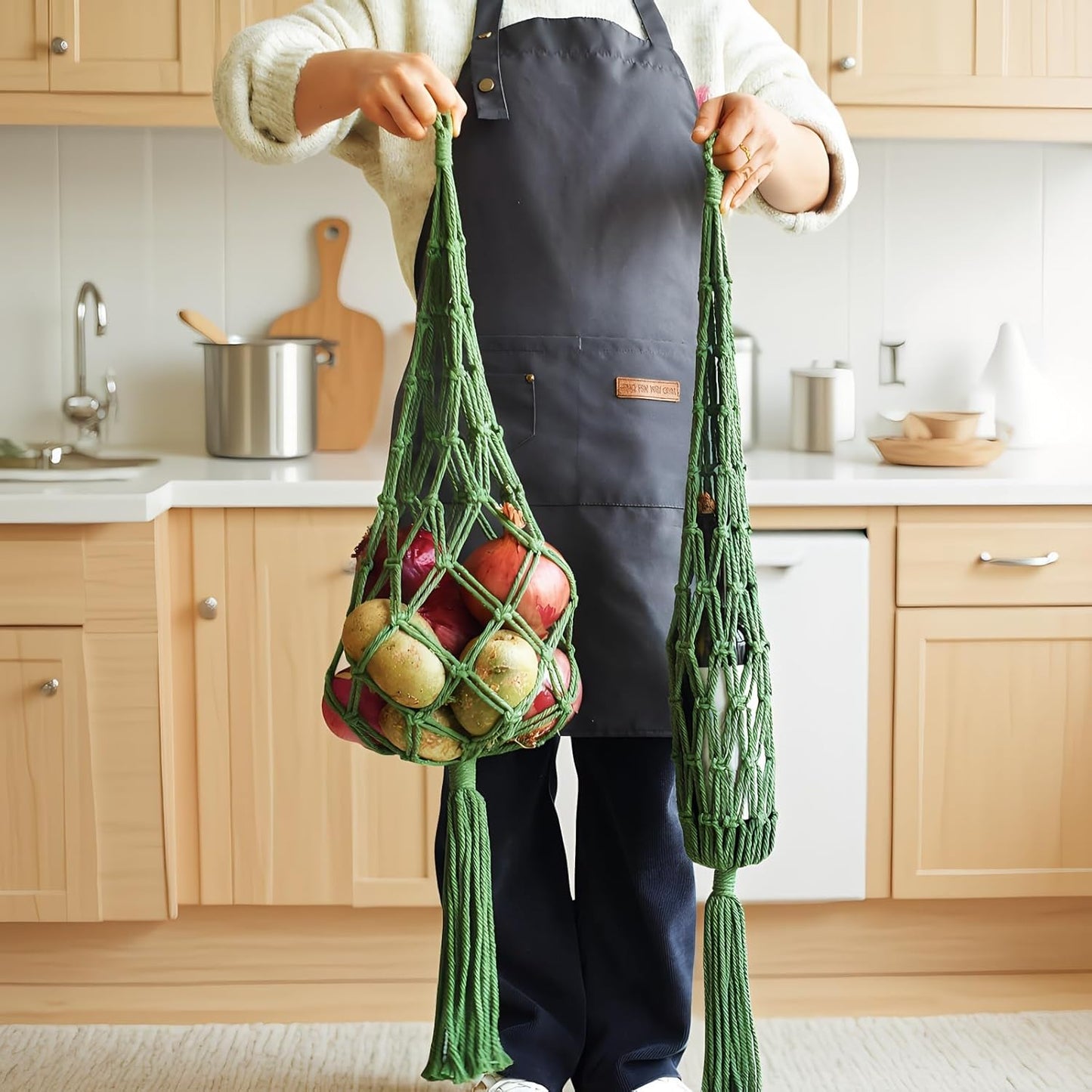 Bolsa colgante de macramé para frutas y verduras con borla