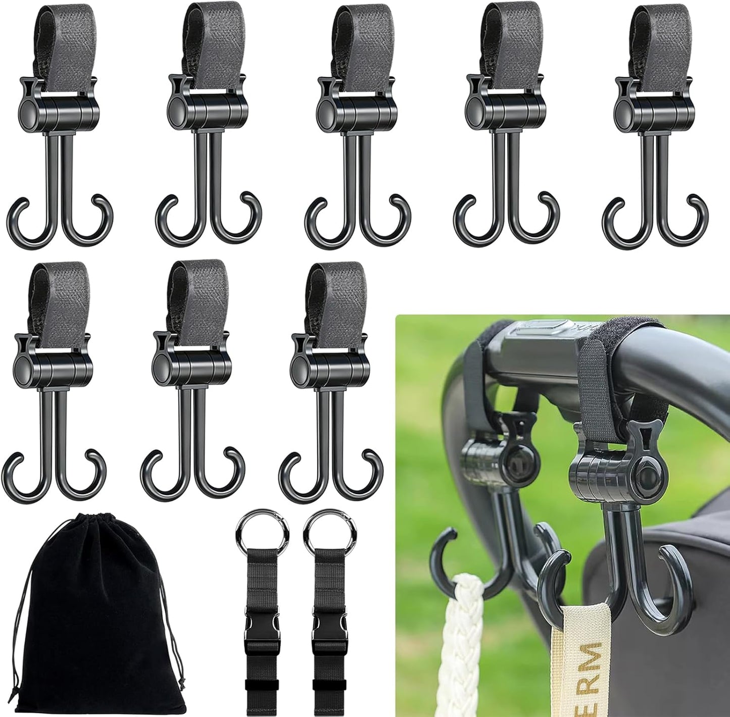 8 Ganchos dobles para campamento con correas ajustables multiusos