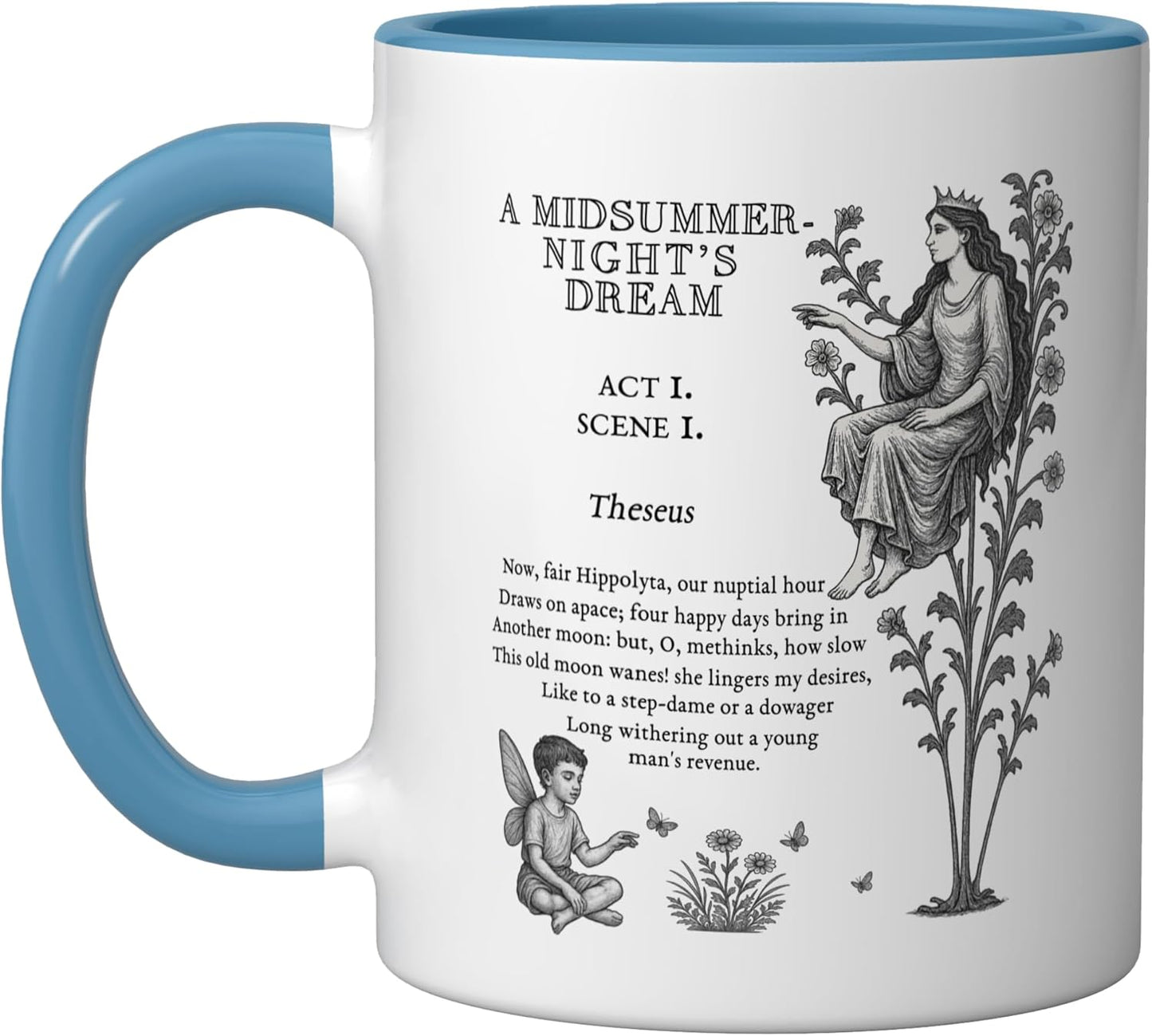 Taza de cerámica azul y blanco Shakespeare Midsummer Night Dream