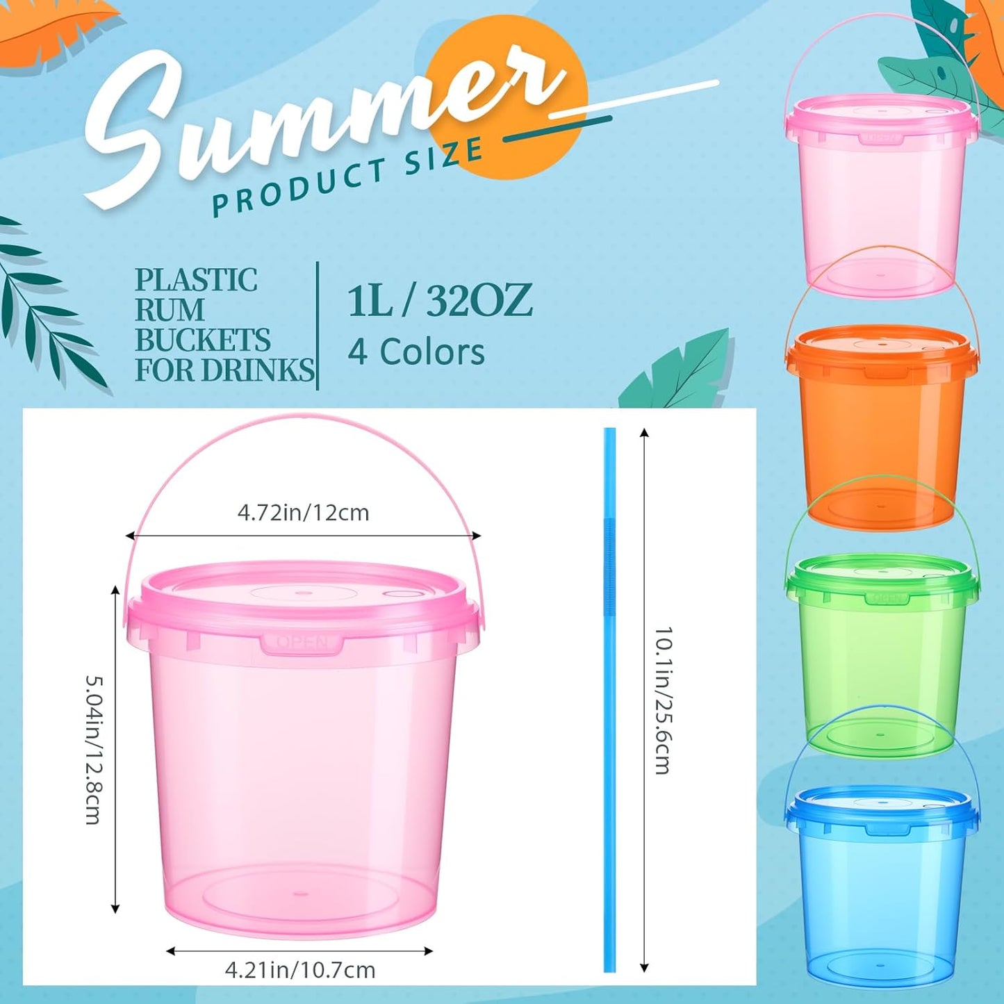 Cubetas plástico 32oz ron con pajitas 100 tapas asas fiesta