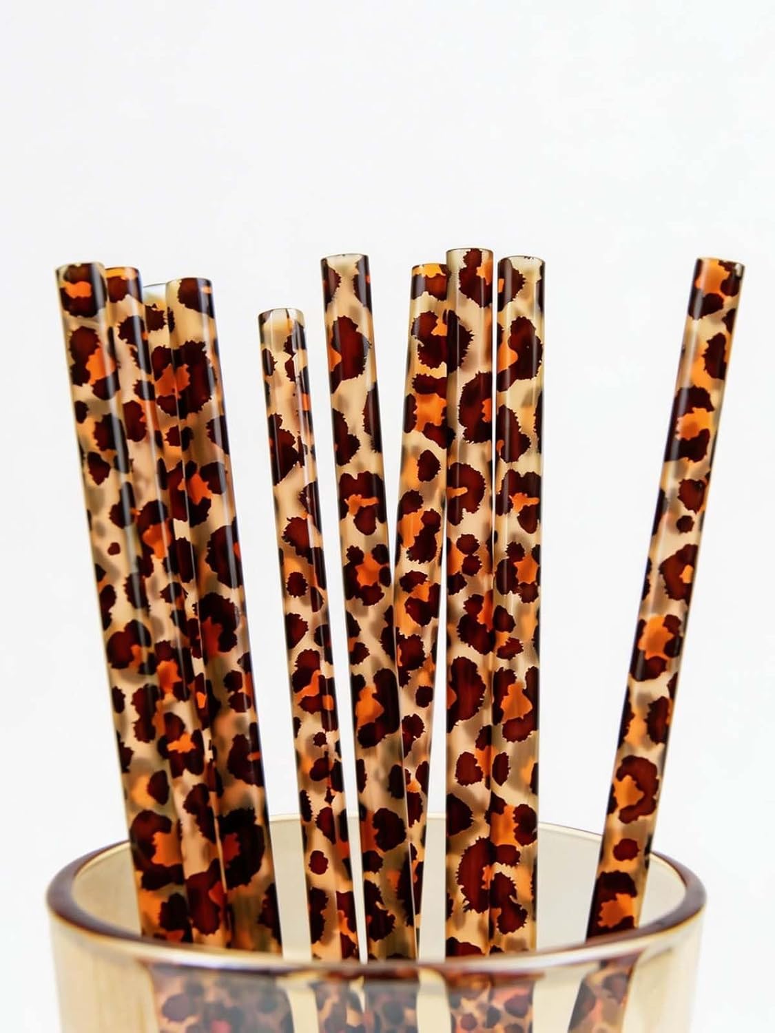 10 Popotes Reutilizables Plástico Leopardo con Cepillo