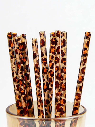 10 Popotes Reutilizables Plástico Leopardo con Cepillo