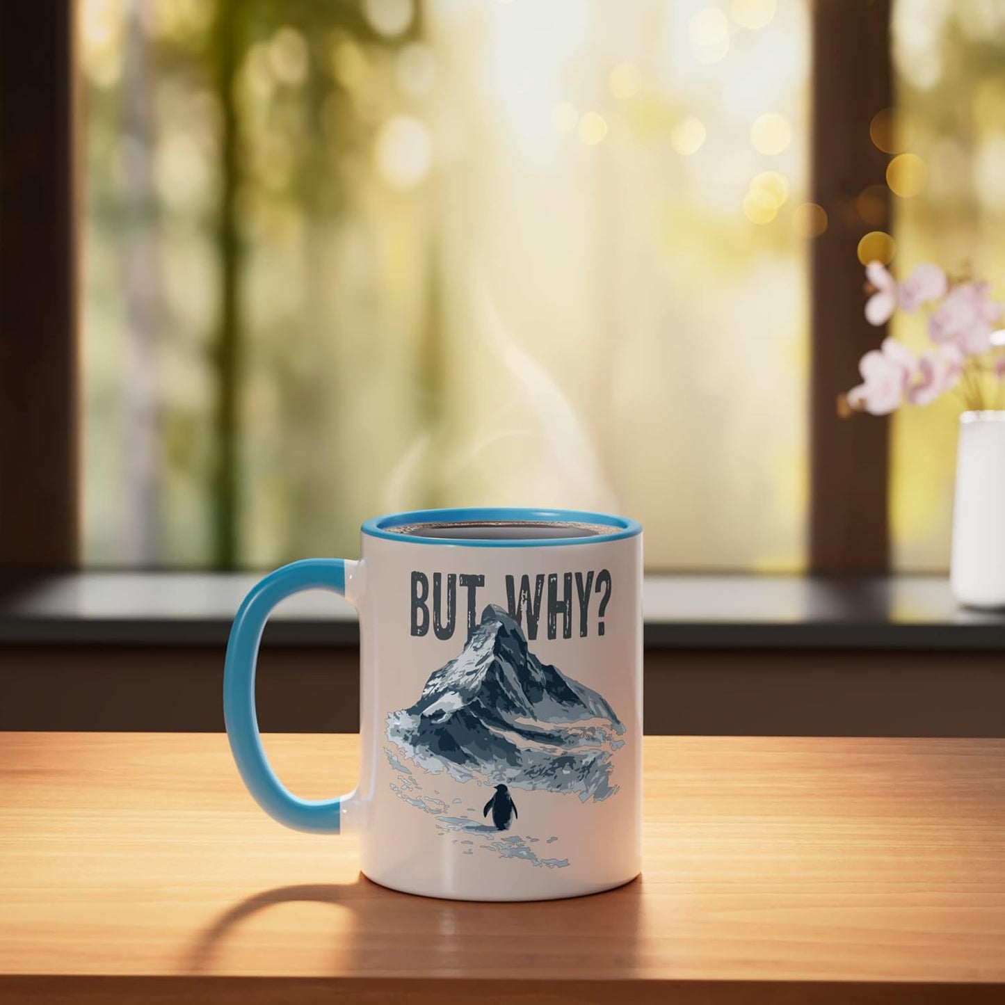 Taza de cerámica Nihilist Penguin But Why Mountains azul y blanco