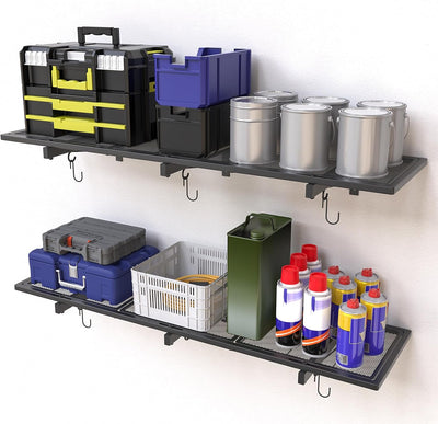 2 Estantes Pared Garaje 46x12.6pulg Cap 360lb Metal 8 Ganchos