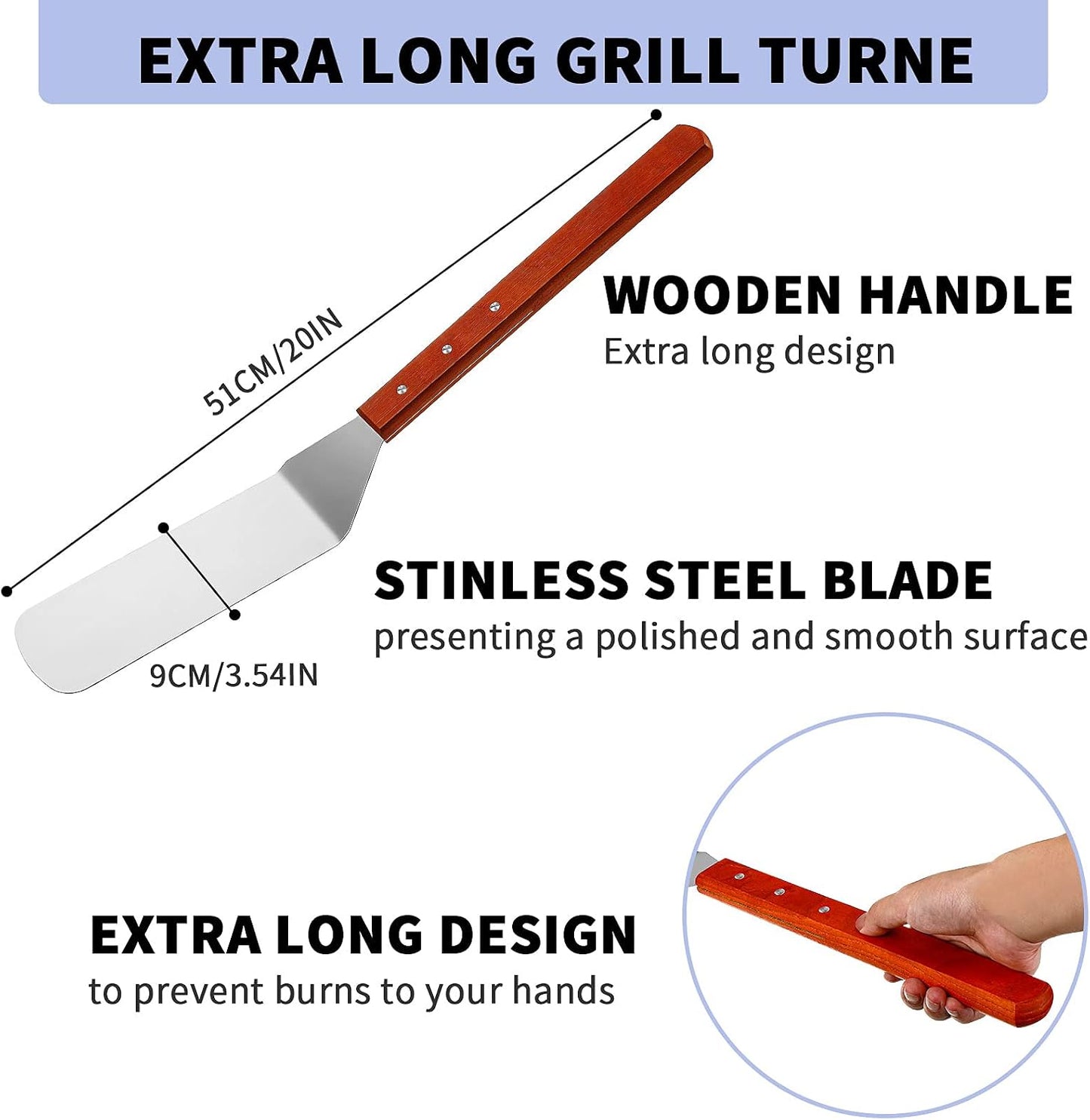 2 Espátulas Parrilla 20pulg Acero Inox Ranurada y Sólida Madera
