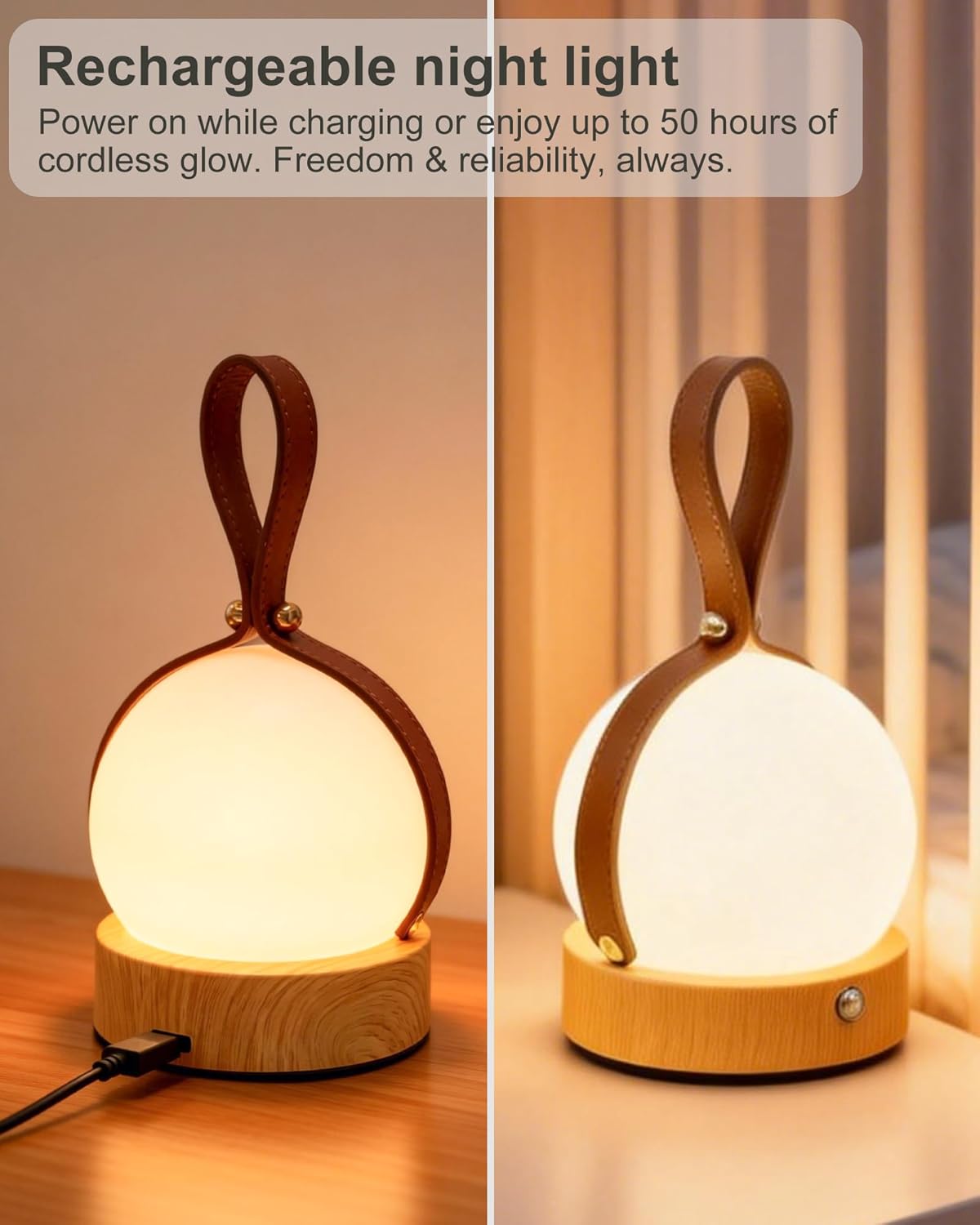 Luz nocturna madera natural con mango cuero 2000mAh recargable