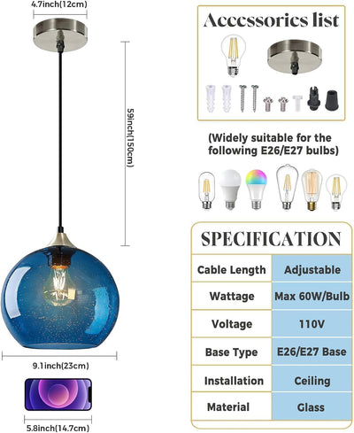 Lámpara colgante cristal azul isla cocina set 2 con LED