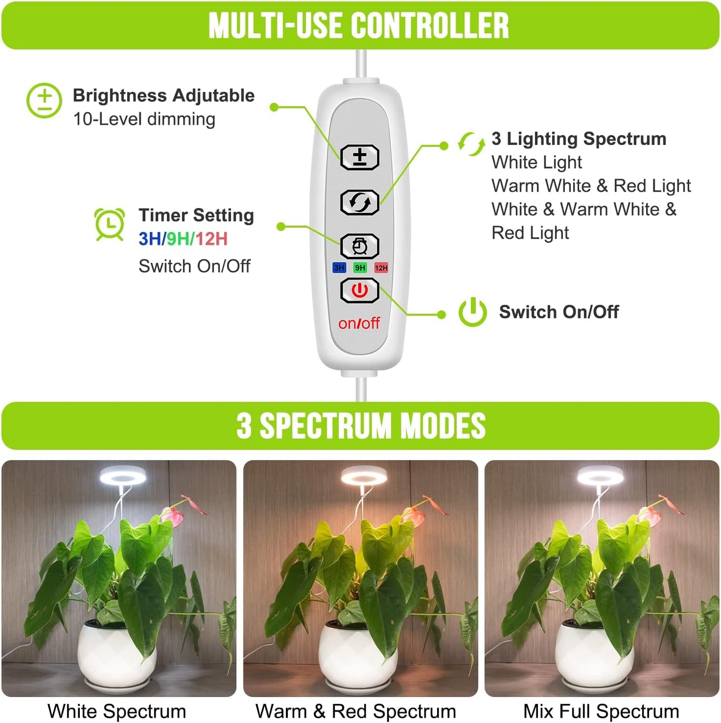 Lámpara cultivo interior espectro completo 3 colores ajustable