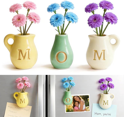 Mini jarrón de cerámica 3D con flores falsas para nevera y hogar