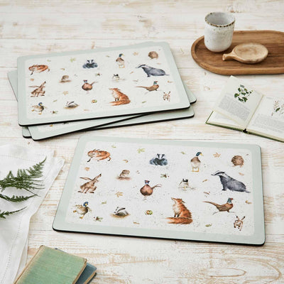 Set 4 manteles grandes con respaldo corcho ilustraciones animales