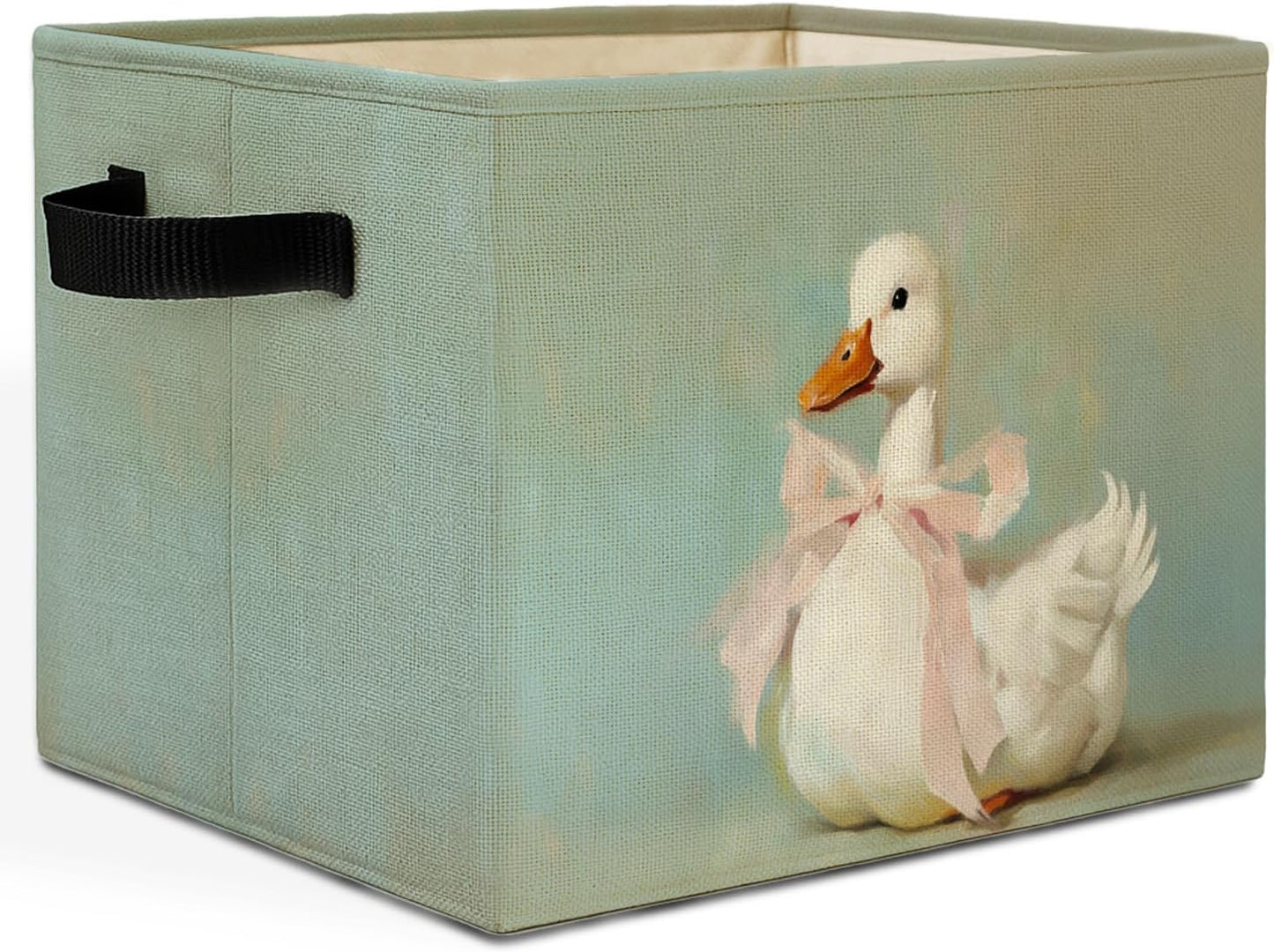 Caja almacenamiento pato blanco lazo rosa con asas