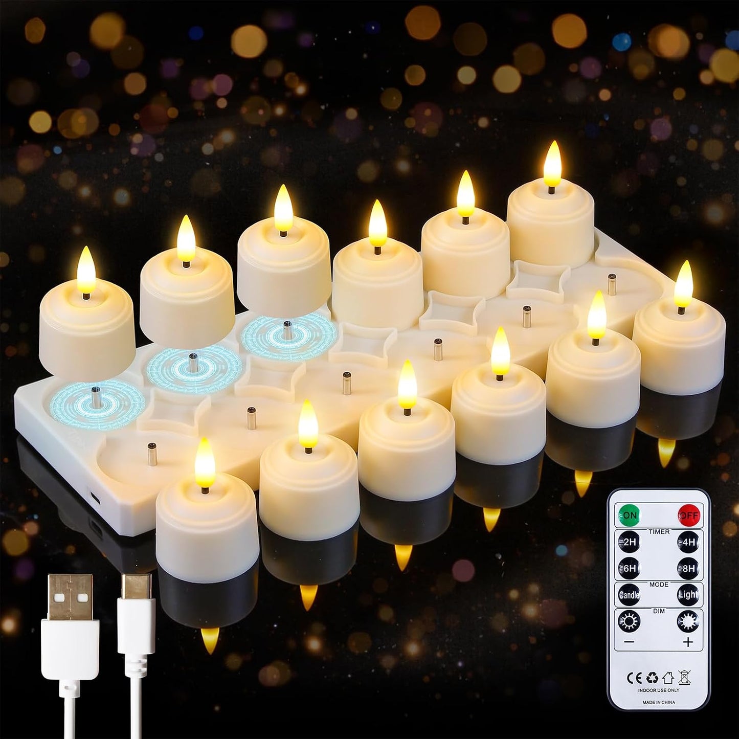 Juego 12 velas LED recargables con estación carga marfil