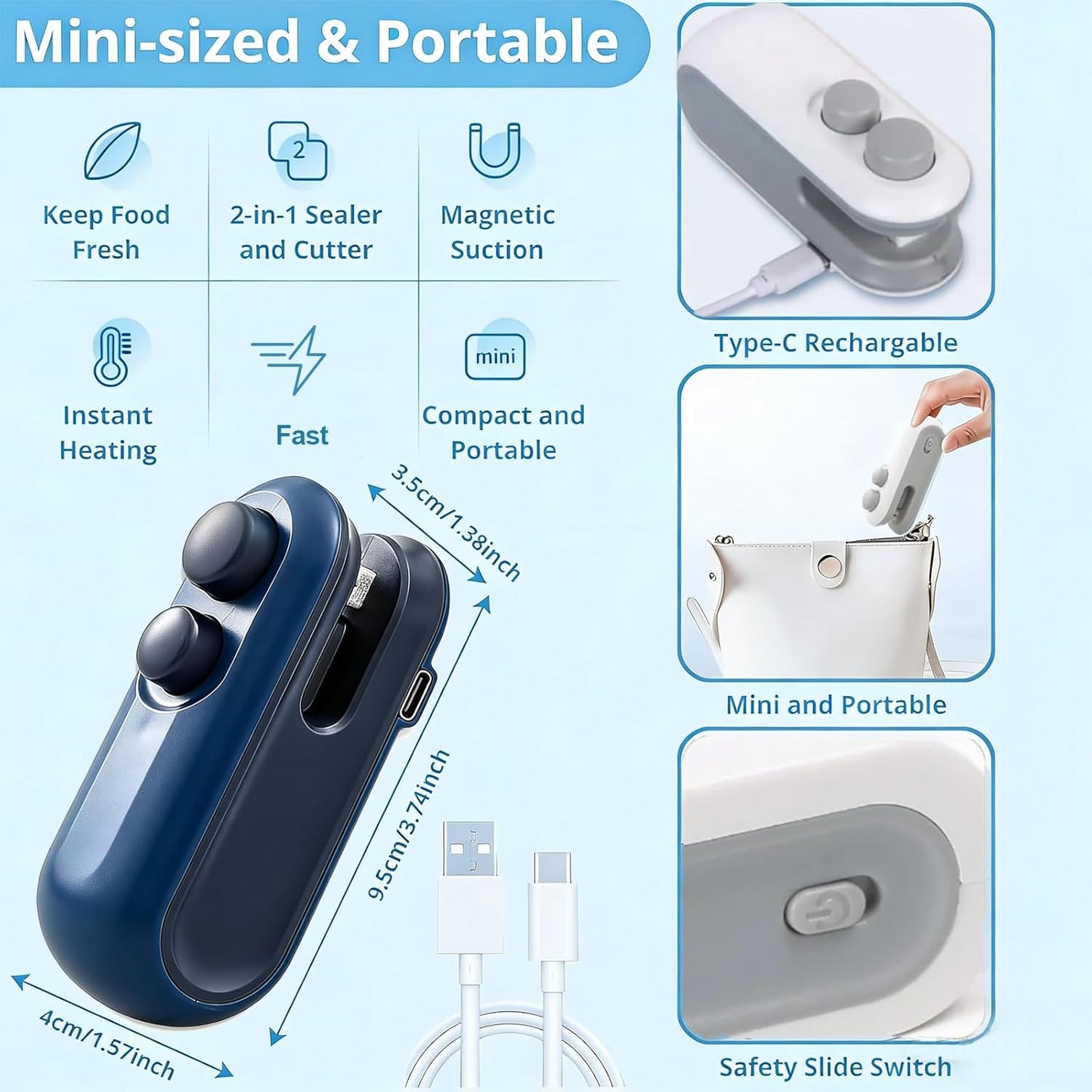 Sellador térmico recargable con imán para bolsas de plástico y alimentos