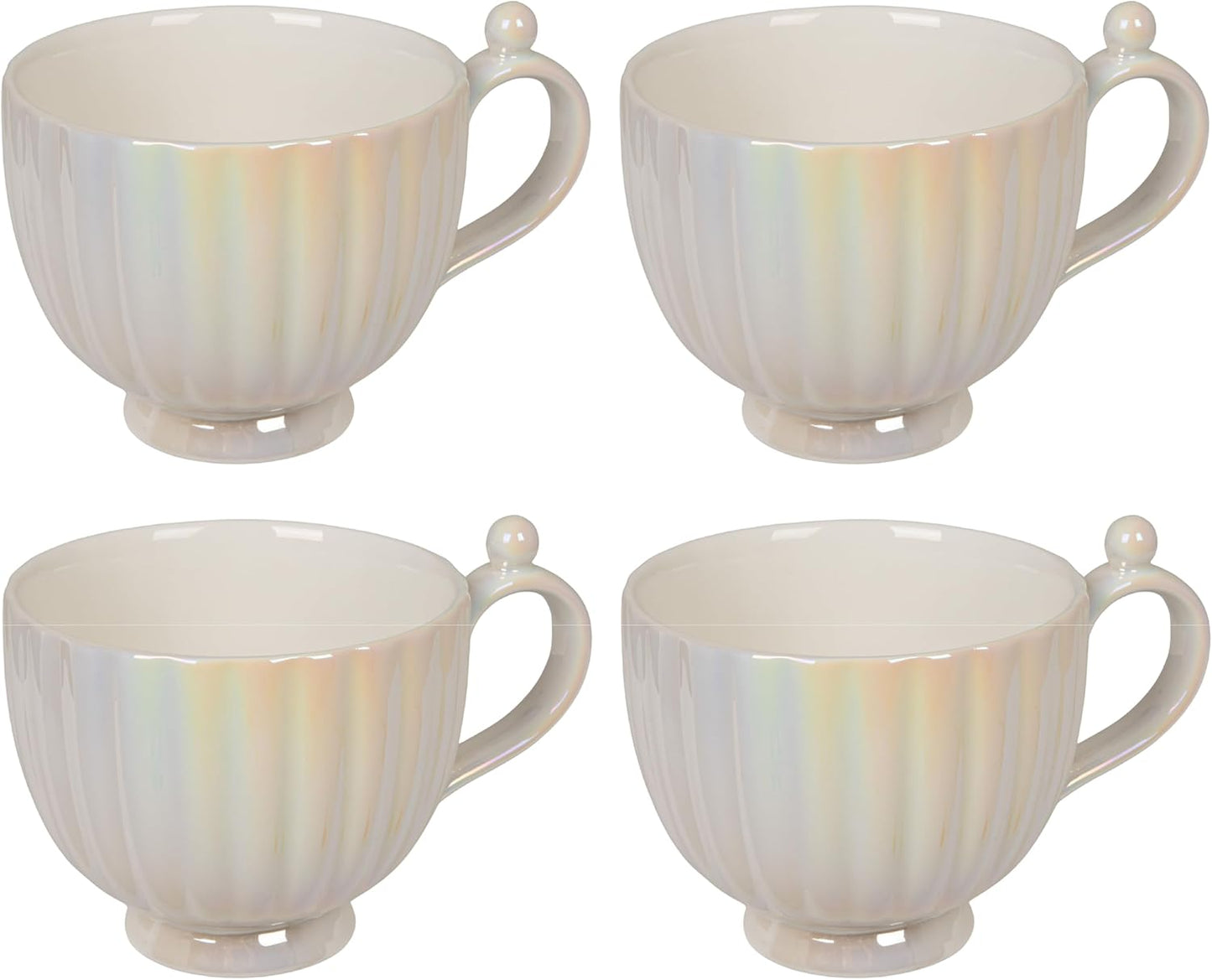 Set 4 Tazas Gres Acanaladas Acabado Iridiscente Blanco