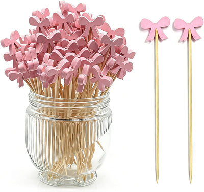 100 Palillos Cóctel Lazos Rosados Decoración Temática