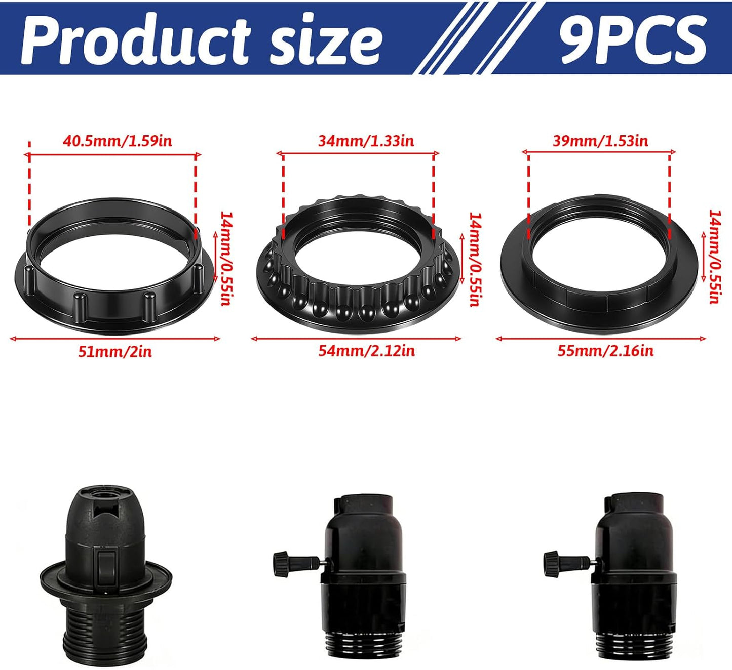 9 Anillos Adaptadores E26/E27 Negro Reductor Roscado Luz