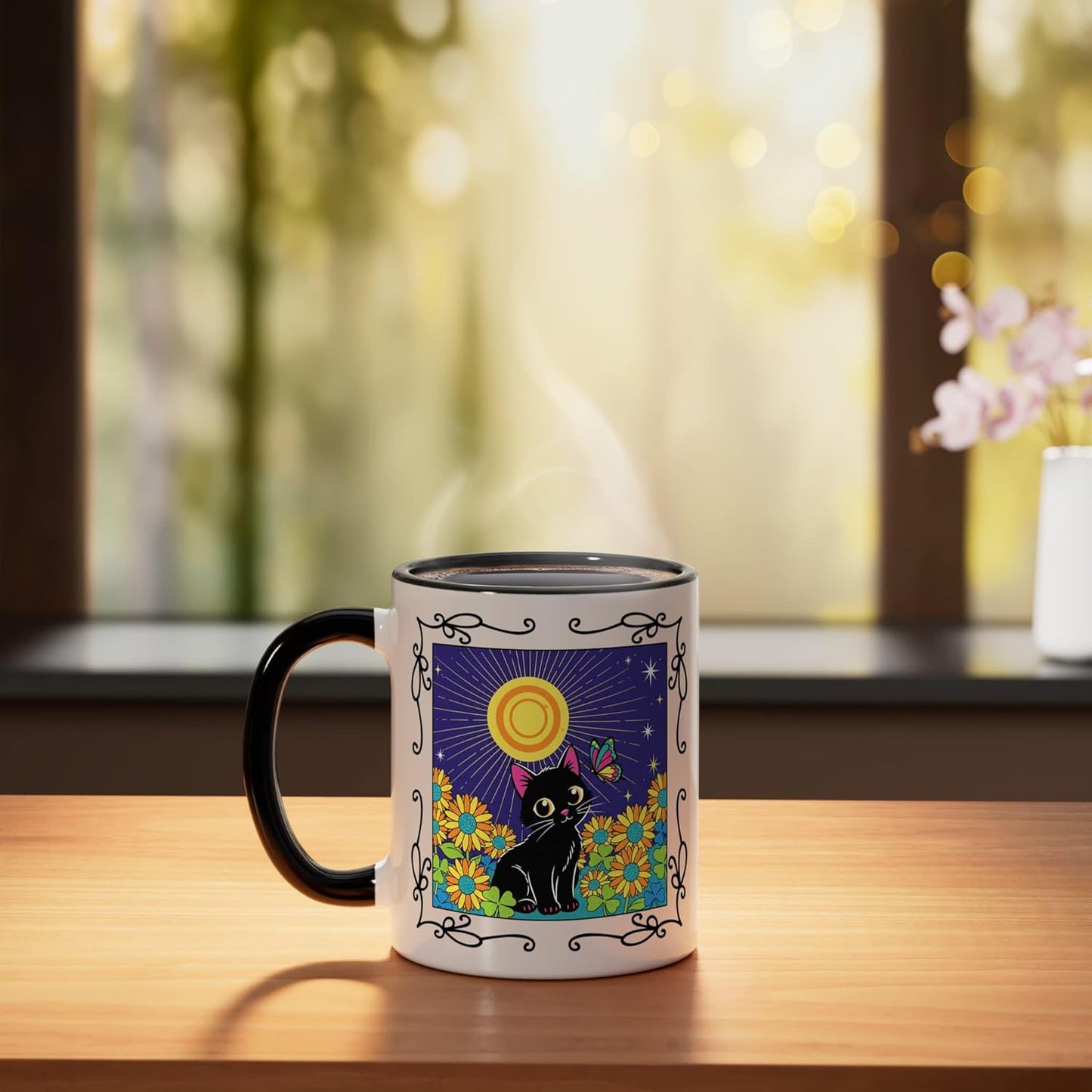 Taza cerámica estilo pop art con escena girasol