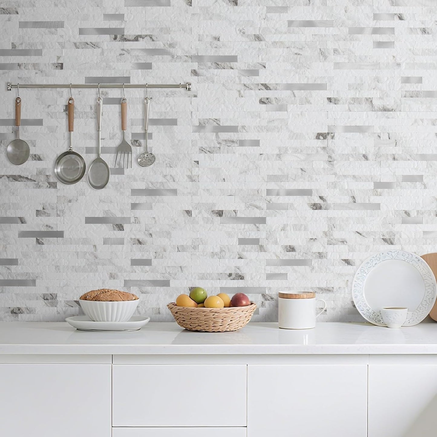 2 Hojas Azulejo Mármol Blanco Pared Cocina