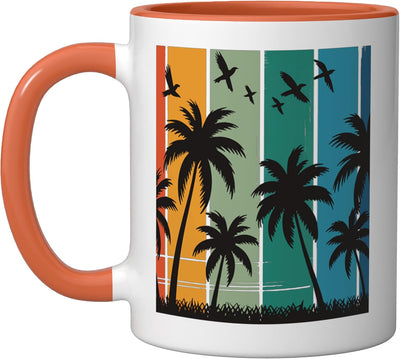 Taza cerámica retro de palma con atardecer naranja/blanca