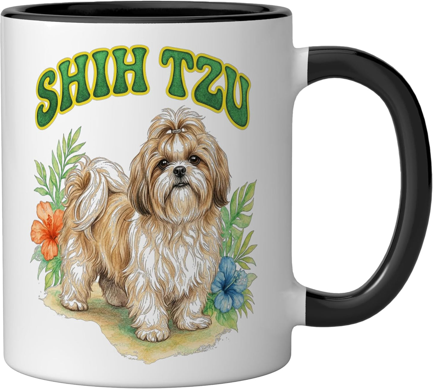 Taza Cerámica Shih Tzu Estilo Boho Flores Negro/Blanco