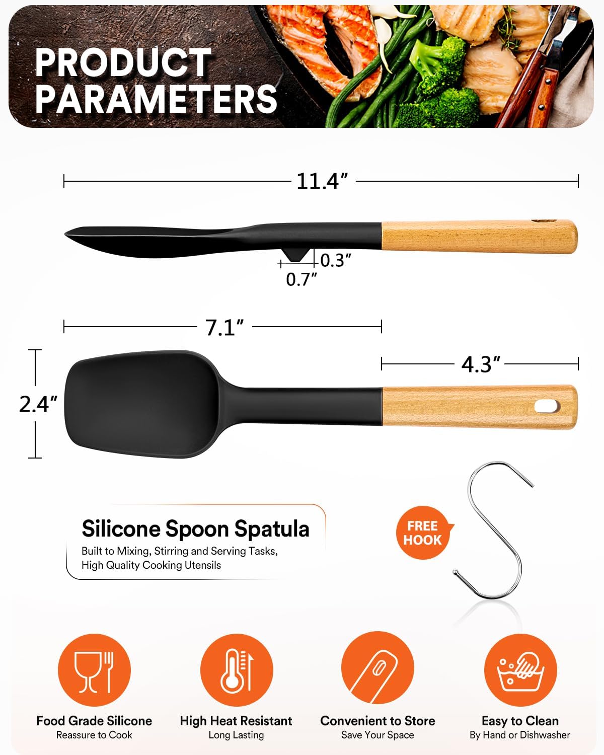 Espátula silicona mate antiadherente mango madera negro