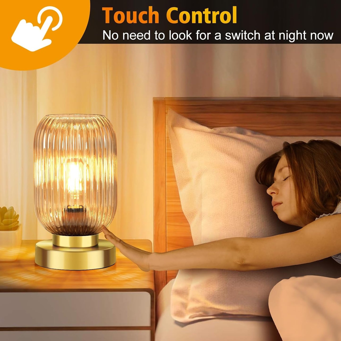 Lámpara mesa moderna pantalla vidrio ámbar control táctil