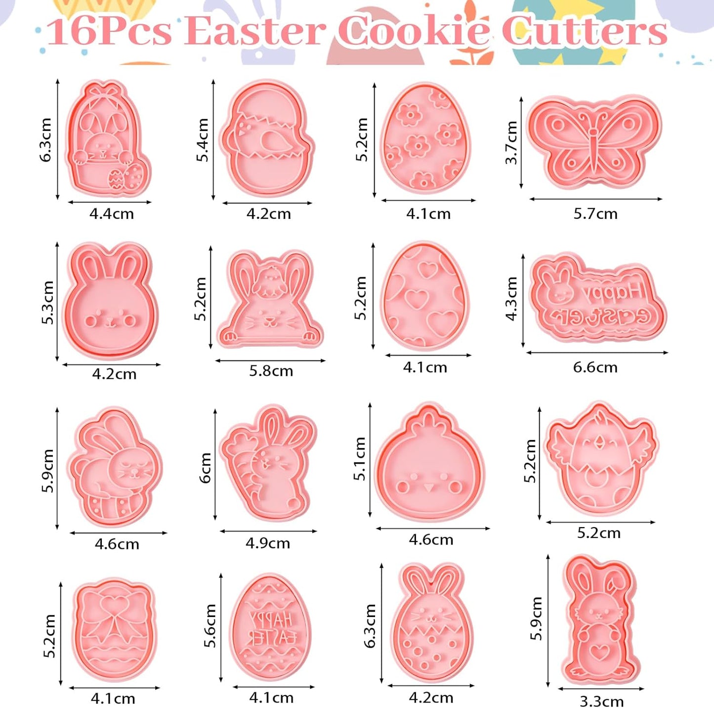 Juego de 16 cortadores de galletas Pascua con sellos en relieve 3D para mariposas y huevos de conejo