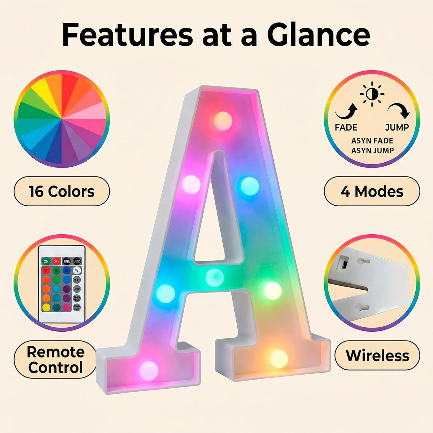 Luces LED marquesina letra A control remoto modos intermitentes