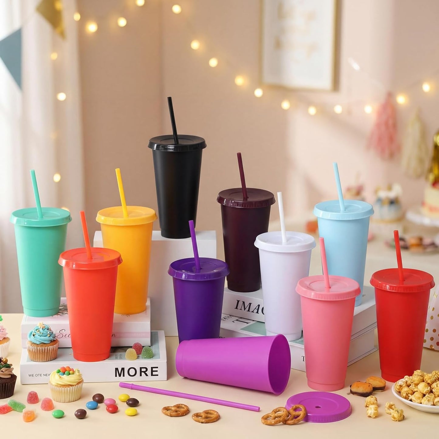 150 Vasos Plástico Reutilizable con Popote Tapa para Fiesta
