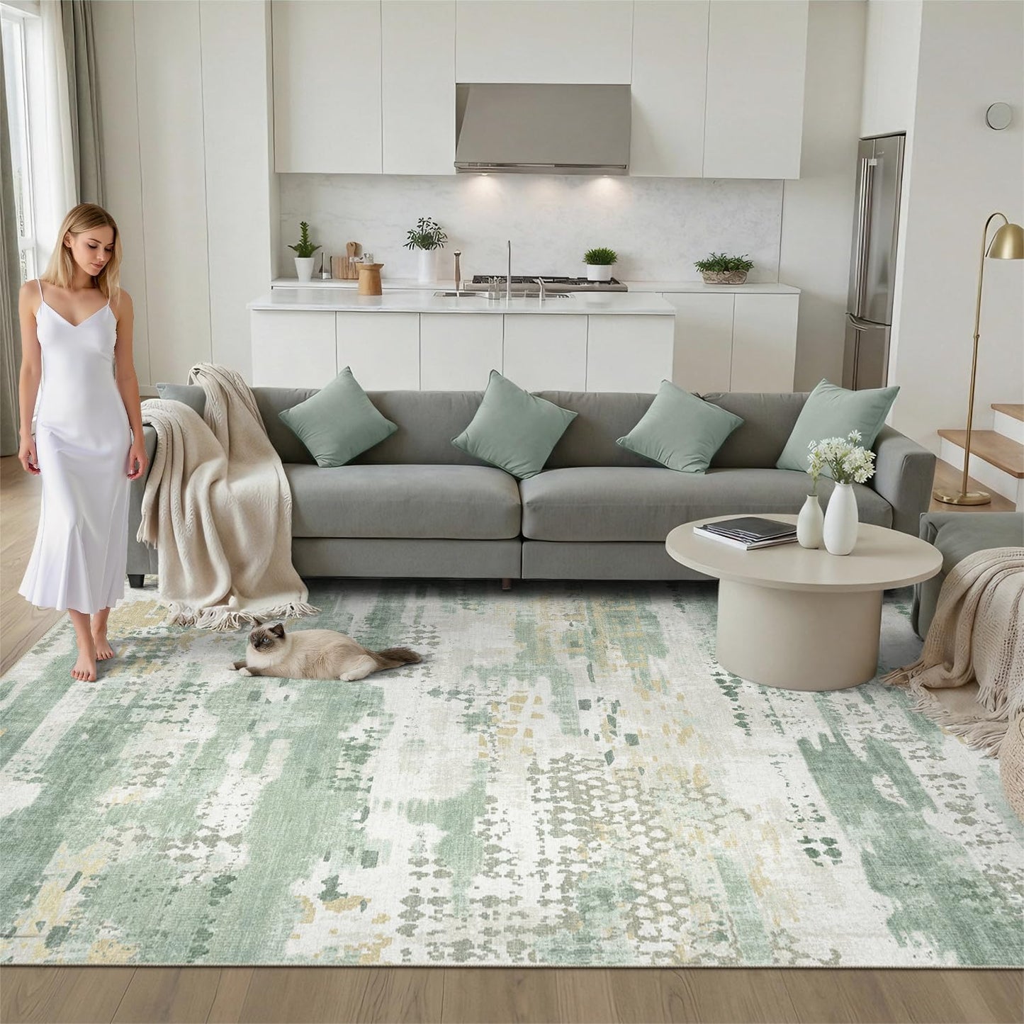 Alfombra abstracta 5x7ft lavable verde salvia antideslizante suave