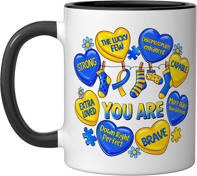 Taza Cerámica Trisomía 21 Corazones Conversación Negro Blanco