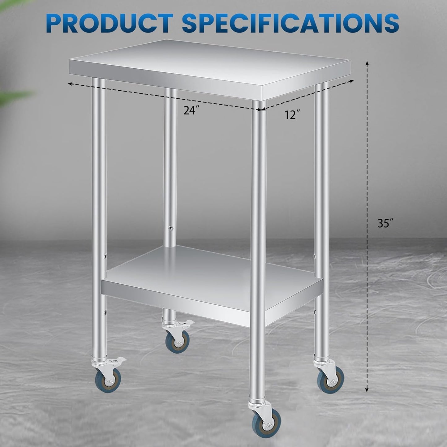 Mesa de preparación acero inoxidable 24x12 pulgadas con protector salpicaduras y 4 ruedas