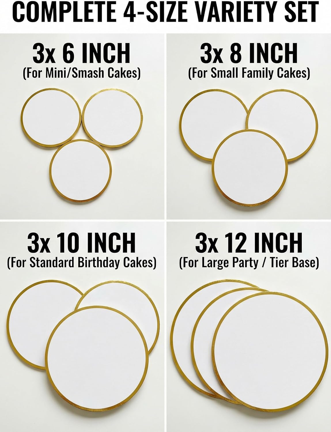 Paquete de 12 tableros redondos surtidos para pasteles 6-12" bases cartón blanco resistente