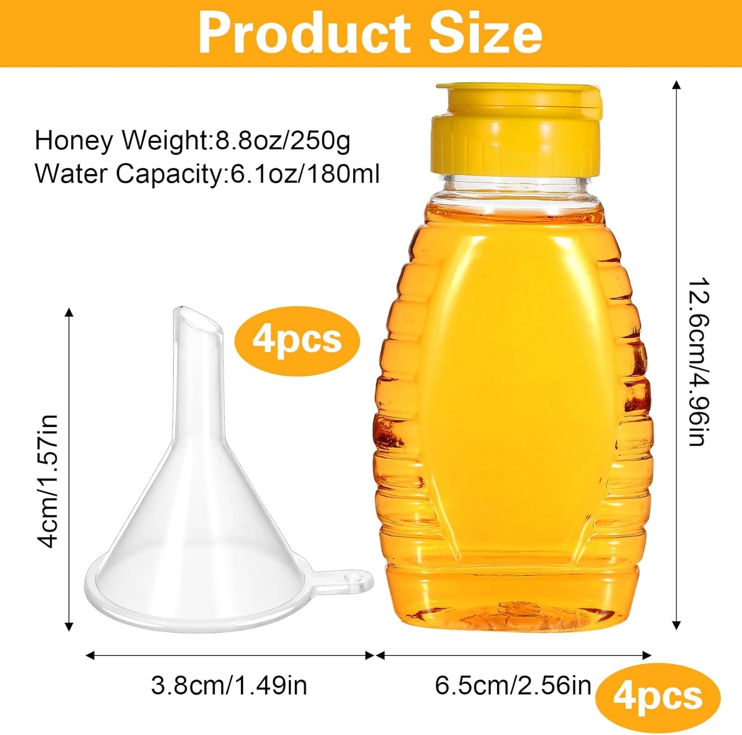 Jarras de miel vacías con embudo plástico transparente dispensador con tapa reversible 4 piezas