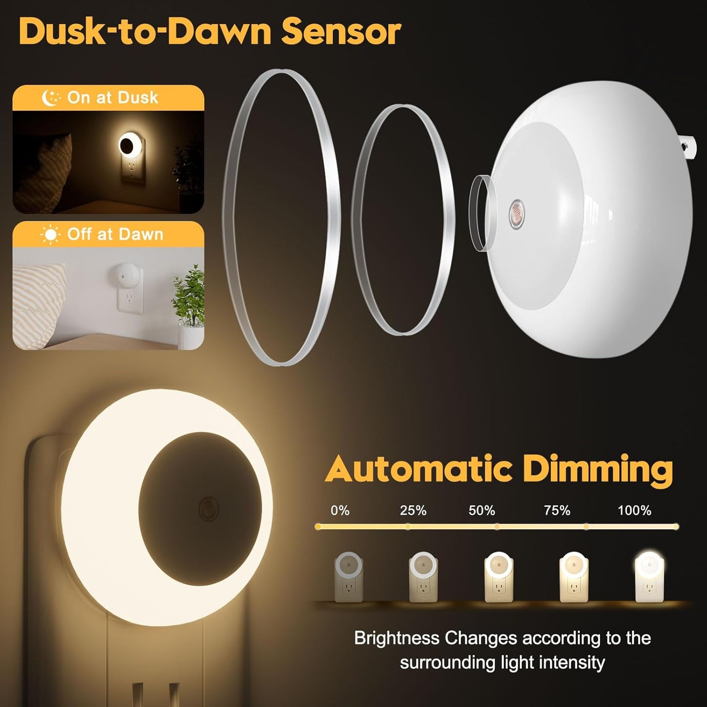 Luz Nocturna LED Blanca Cálida Sensor Amanecer 8 Pzas