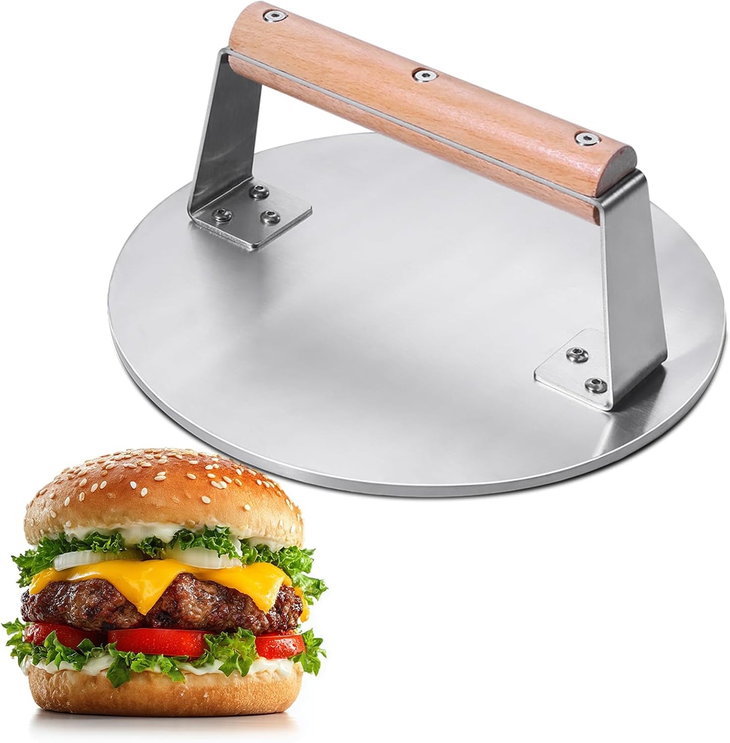 Prensa hamburguesa 8.5pulg acero inox mango madera 3.65lb