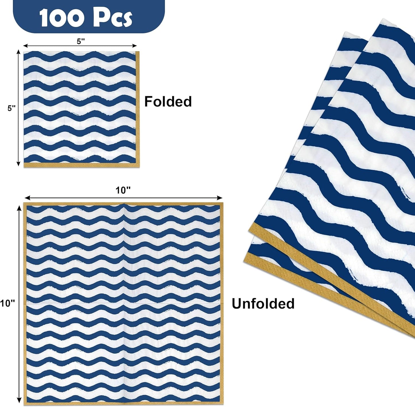 100 Pzas Servilletas Cóctel Estampado Azul y Blanco