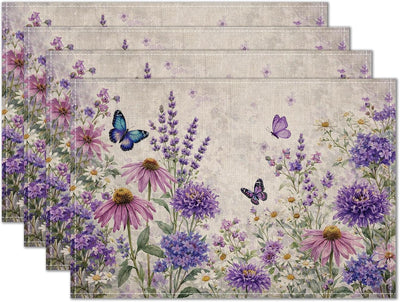 Juego de 4 manteles individuales de primavera 12 x 18 pulgadas con flores silvestres y mariposas