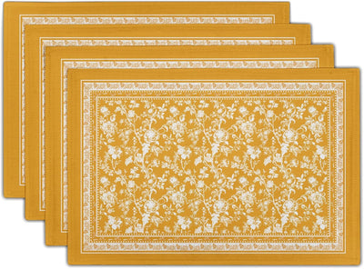 Juego de 4 manteles individuales vintage amarillo rústico con ramas florales