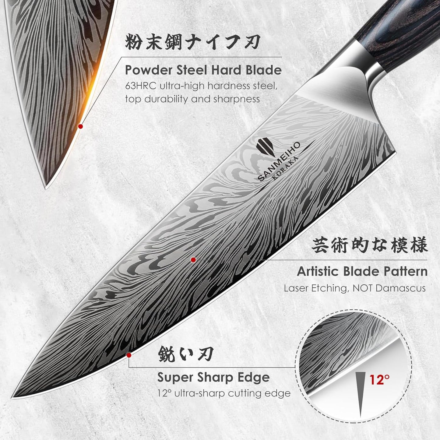 Set 3 Cuchillos Chef Acero Al Carbono con Mango Pakkawood