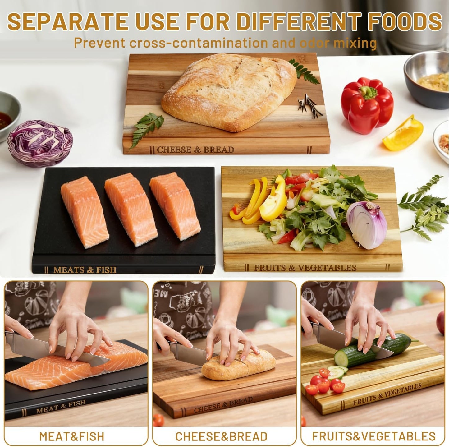 Set 3 Tablas Cortar Madera Acacia Libro Cocina