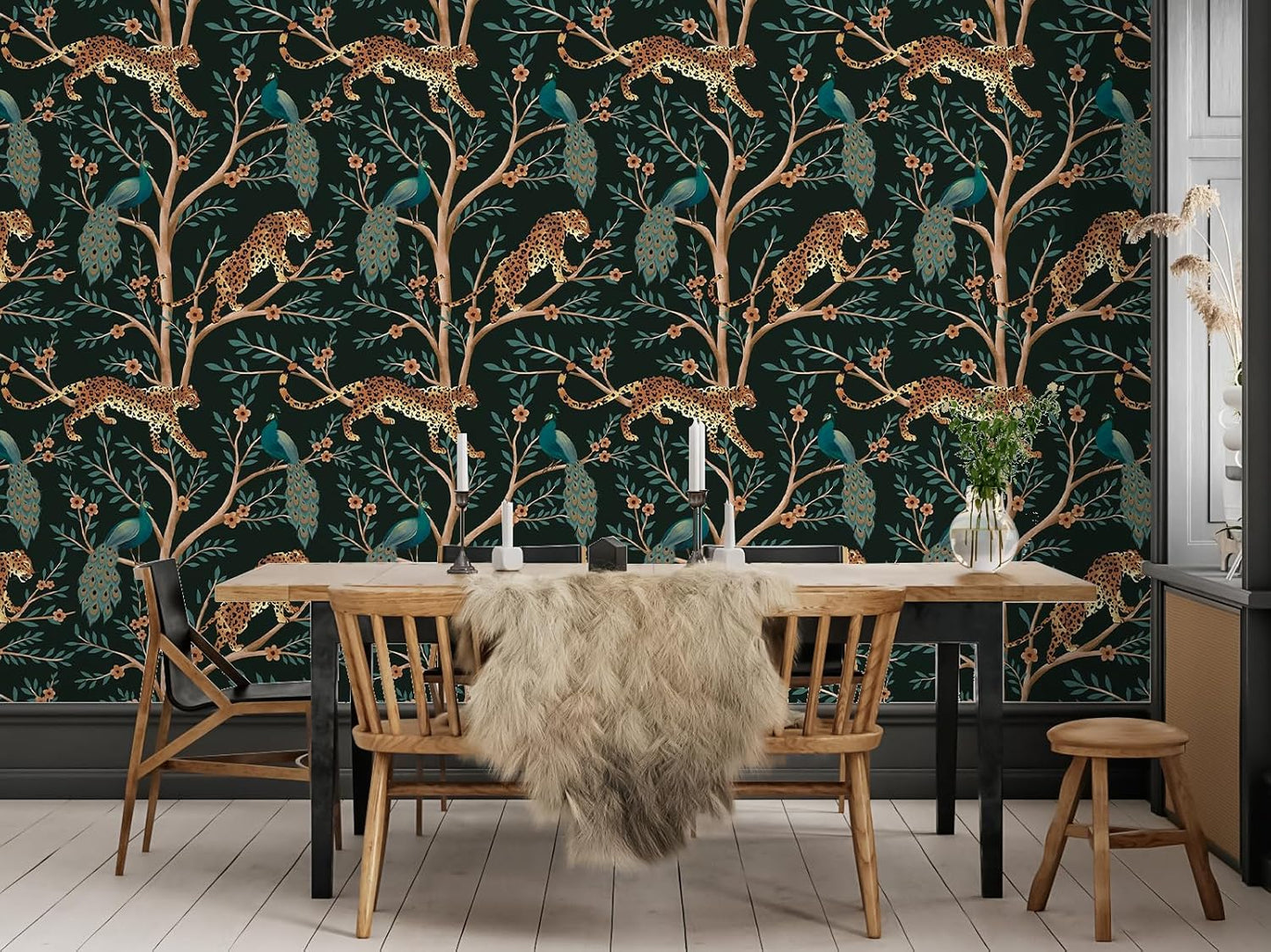Papel tapiz leopardo bohemio selva 17.3x9.8pulg