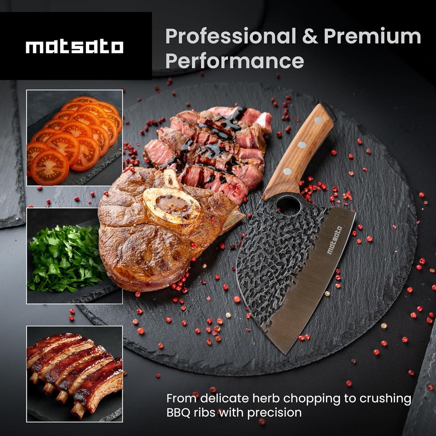 Set Cuchillos Chef Acero Inox Hoja Martillada Ergonómico