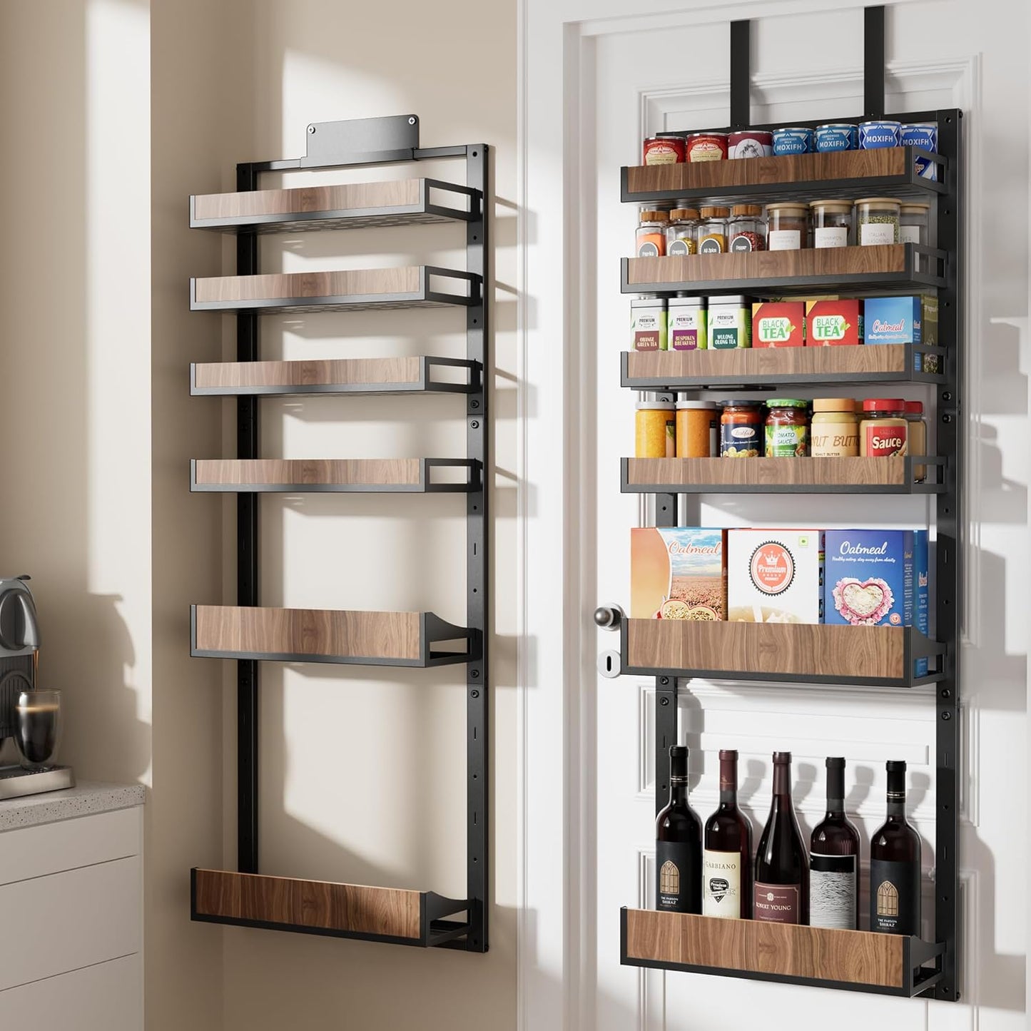 Organiz. despensa puerta 6 niveles cestas madera maciza